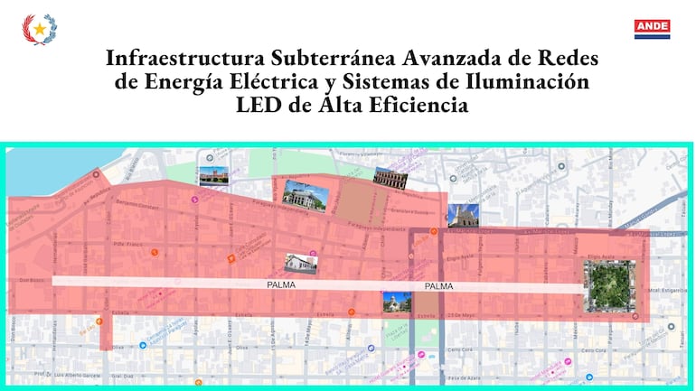 Esquema del espacio urbano que ocupará durante 18 meses las obras de cableado subterráneo del microcentro asunceno. 