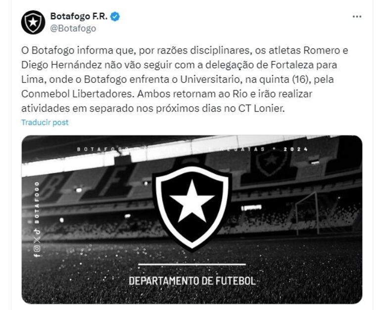 El comunicado de Botafogo anunciando que Óscar Romero fue separado del plantel.
