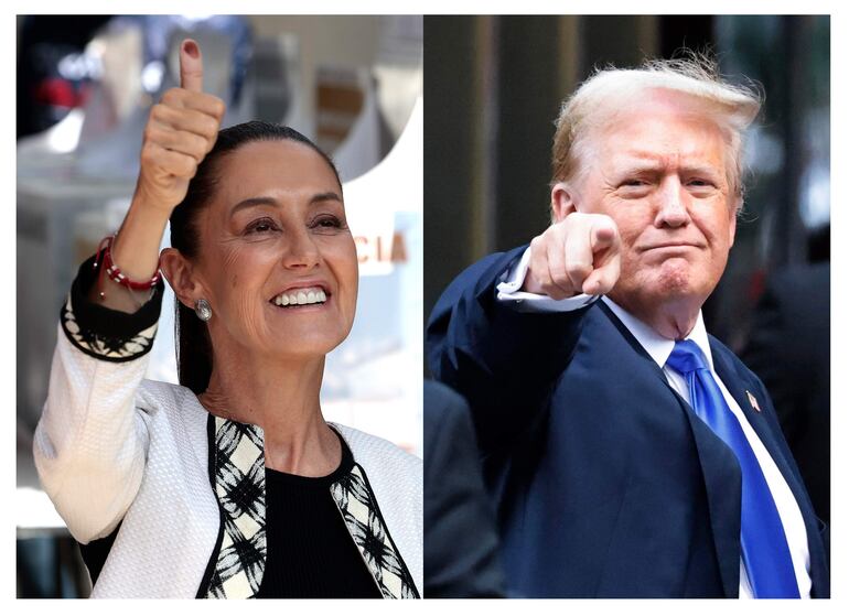 La ganadora de las elecciones presidenciales en México, Claudia Sheinbaum (i), y al candidato republicano de los Estados Unidos, Donald Trump. Tras la victoria arrolladora en México de Claudia Sheinbaum, quien ha prometido dar continuidad a la política de Andrés Manuel López Obrador, la relación con Estados Unidos queda ahora pendiente de lo que decidan los estadounidenses en noviembre, cuando Donald Trump, con su retórica antimexicana y antinmigrante, puede lograr un segundo mandato.