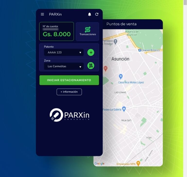 La aplicación de Parxin aún no fue lanzada oficialmente al público.  Esta es una muestra que se encuentra en la página web de Parxin.
