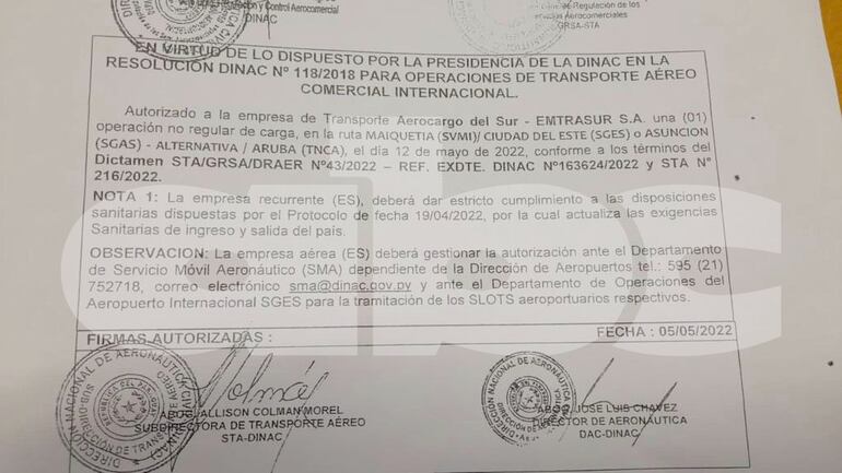 Documento que confirma que desde el 5 de mayo Dinac sabía que avión iraní venía a Paraguay.