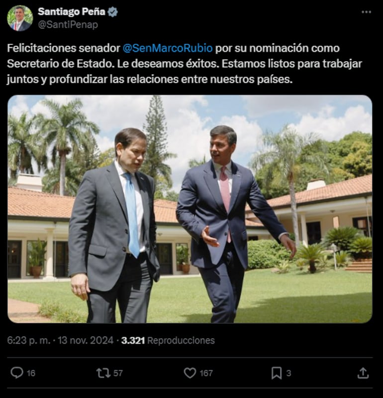 Tweet de Santiago Peña, Presidente de la República, felicitando a Marco Rubio por el anuncio de que sería el nuevo Secretario de Estado del gobierno de Donald Trump en Estados Unidos, pese a que votó en contra de la carne paraguaya.