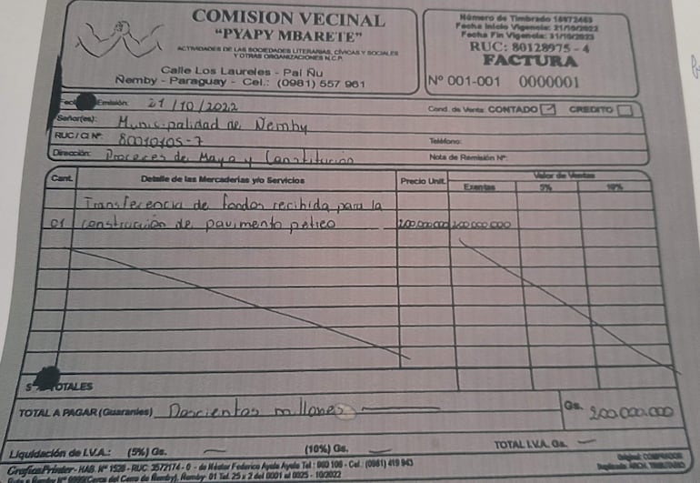 La factura supuestamente falsa de la municipalidad sobre una transferencia de G. 200 millones a una comisión vecinal, que sería fantasma.