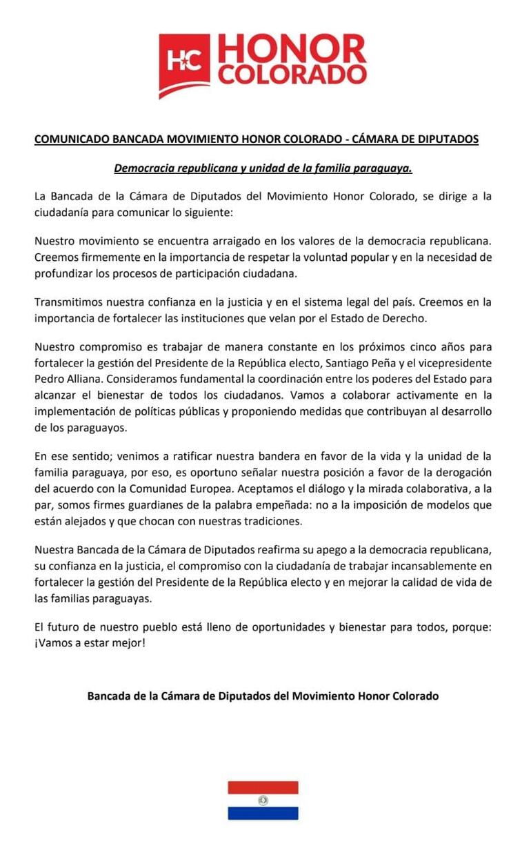 Comunicado de la bancada de Honor Colorado en Diputados sobre derogación de donación de la Unión Europea.