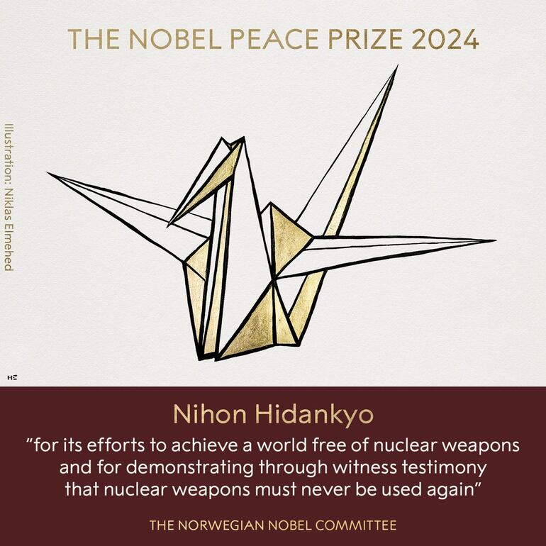 Nobel de Paz premia lucha contra armas nucleares de organización japonesa Nihon Hidankyo.