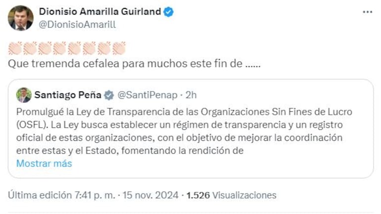 Posteo de Dionisillo Amarilla sobre promulgación de ley anti ONG.