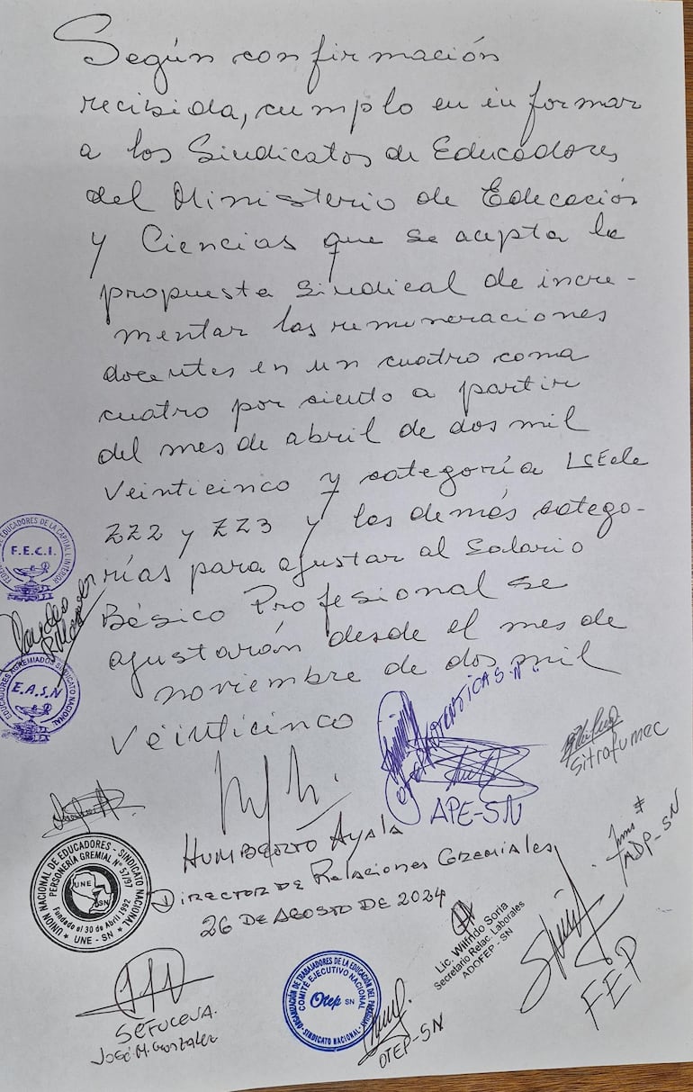 Documento de acuerdo entre el MEC y sindicatos docentes. (gentileza).