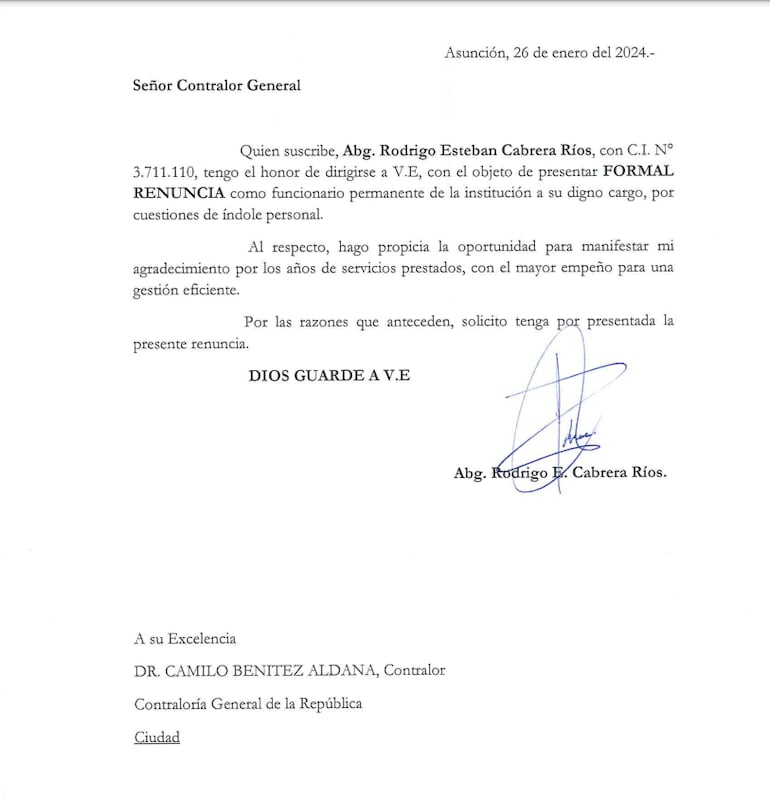 Renuncia de Rodrigo Cabrera Ríos hijo del intendente de Guarambaré a la Contraloría General de la República.