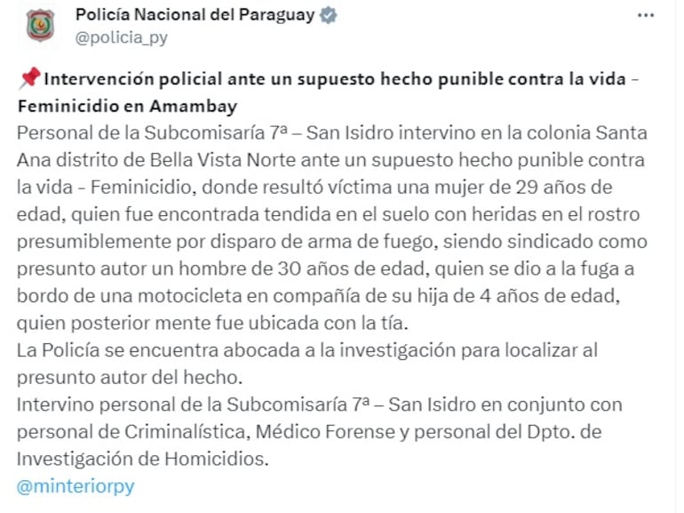 Informaciones de la Policía Nacional sobre el nuevo caso de feminicidio reportado en Amambay.