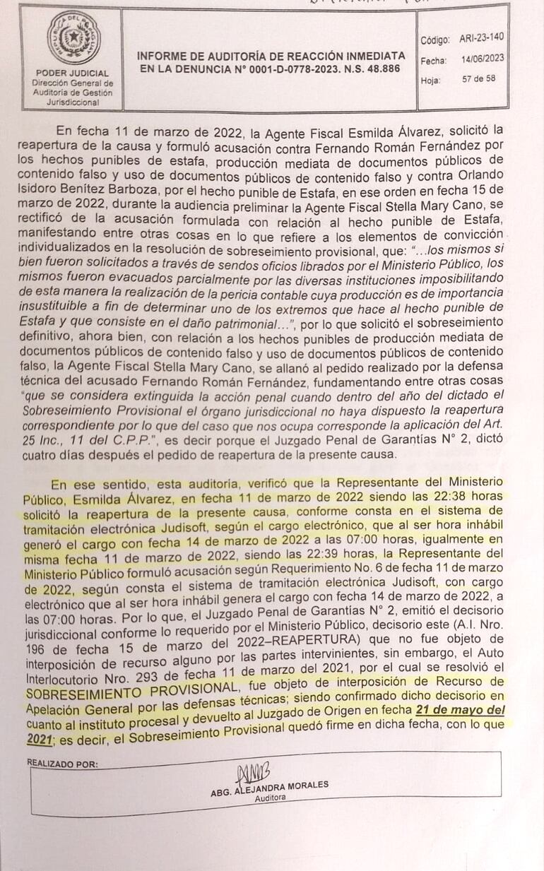 Facsímil de parte de la conclusión de la auditoría sobre la causa Mocipar.