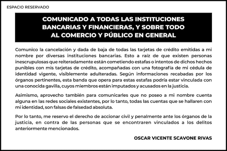 Comunicado de Oscar Vicente Scavone Rivas