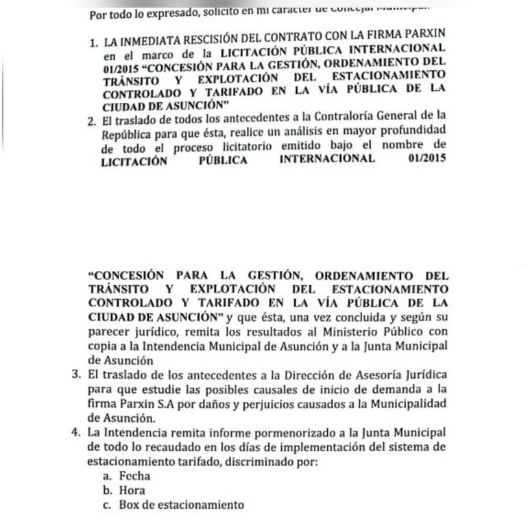 Parte de la nota remitida por el concejal Álvaro Grau donde solicita la rescisión del contrato con Parxin.