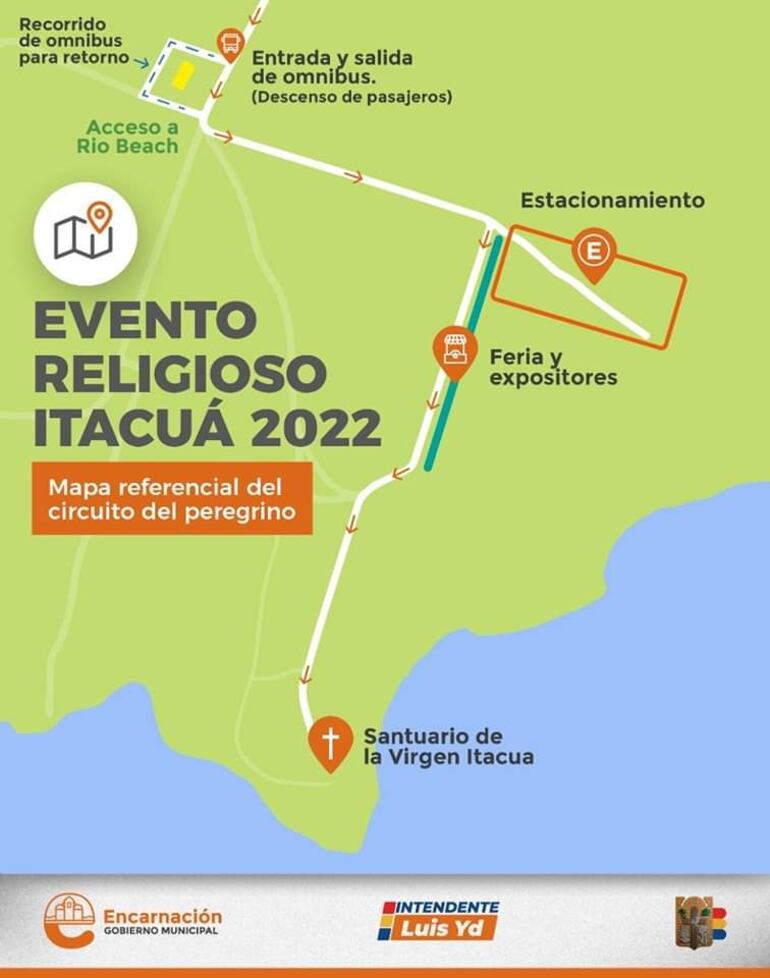 Mapa referencial del camino que deberán recorrer a pie los fieles que aborden el transporte público hasta cercanías del Santuario de Itacuá.