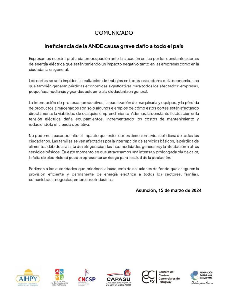 Comunicado de seis gremios sobre los cortes de energía eléctrica.