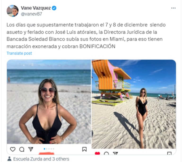 Operadora política publica fotos en bikini de funcionaria