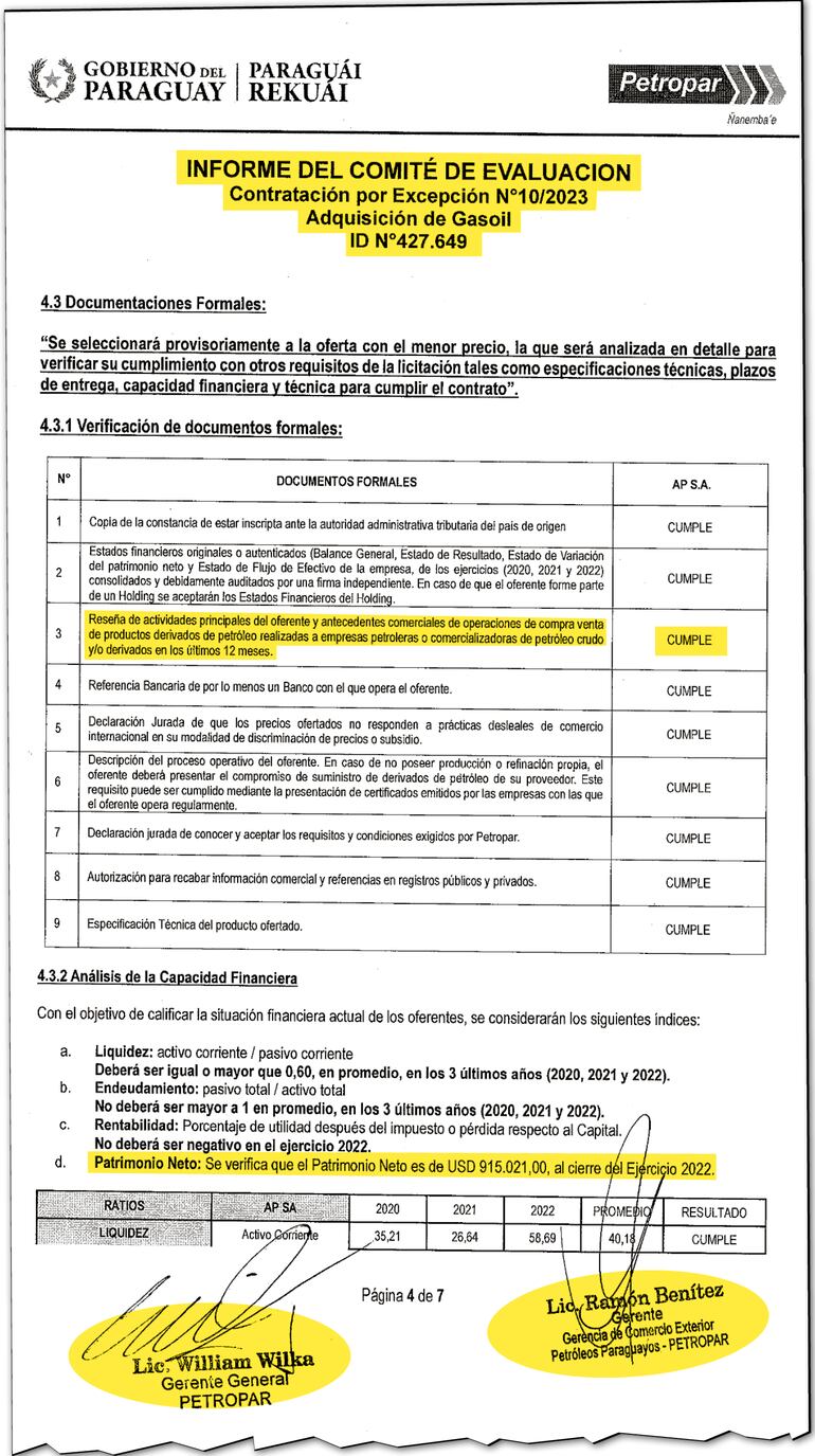 Según el informe de evaluación de Petropar, AP SA tiene experiencia en el rubro de combustibles.