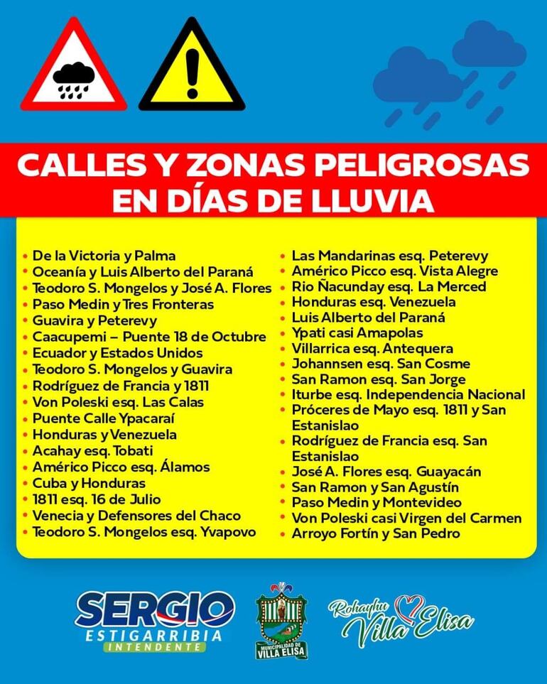 Las zonas peligrosas en días de lluvia en la localidad de Villa Elisa. La comuna ya instaló carteles.