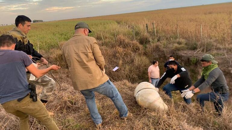 El fiscal Lorenzo Lezcano y policías de Antisecuestro, extrayendo el cuerpo de un zanjón en Artigas.