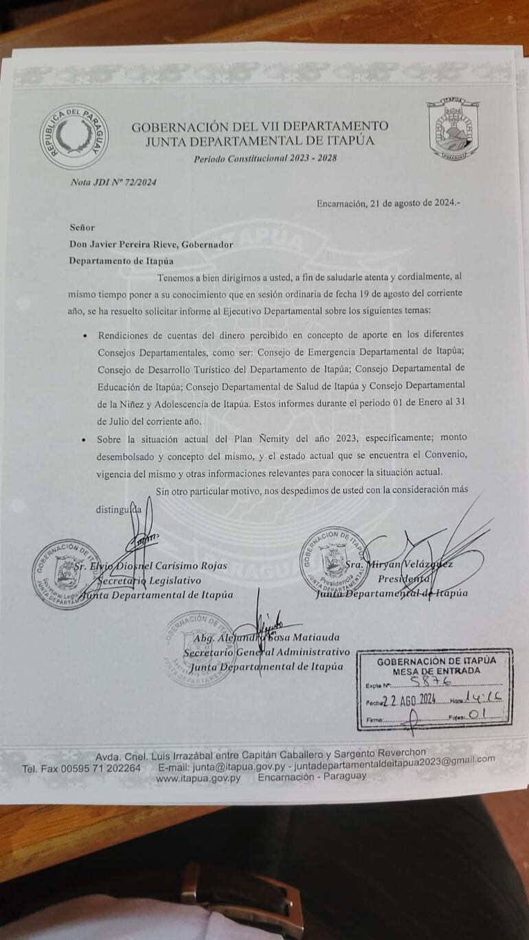 En agosto del año pasado la Junta Departamental de Itapúa presentó un pedido de informe, el cual todavía no fue respondido, denunció el concejal Oscar Flecha (independiente).