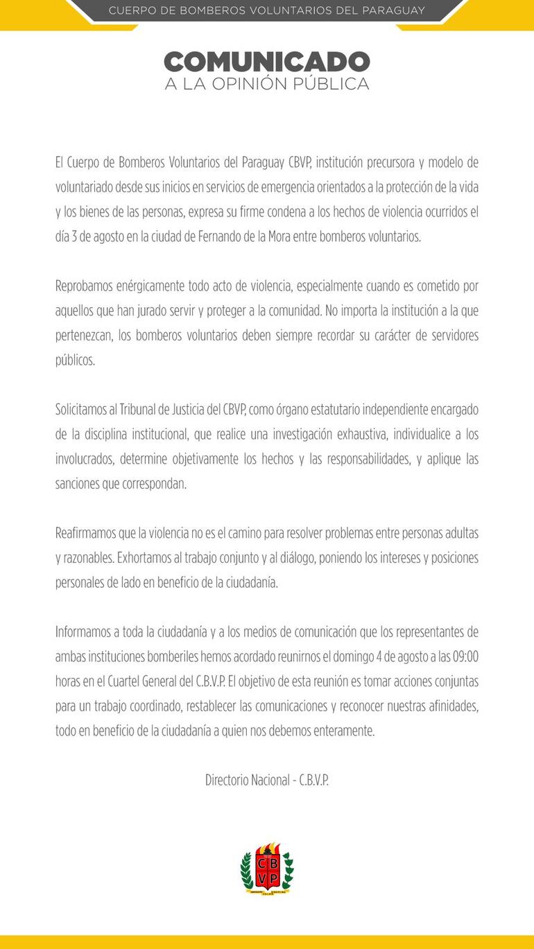 Comunicado sobre pelea entre bomberos en Fernando de la Mora.