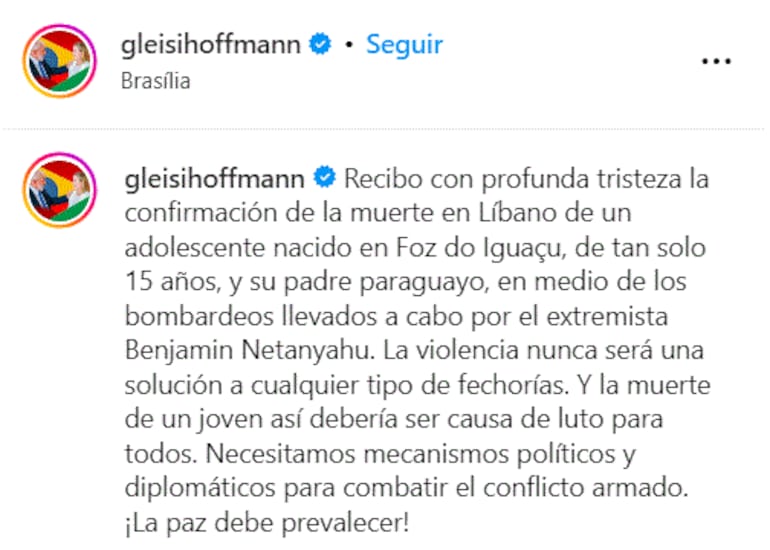 Publicación de la diputada federal por el Estado de Paraná, Brasil, Gleisi Hoffmann.