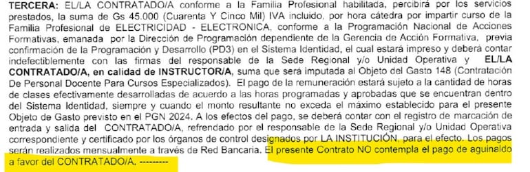 Parte del contrato firmado por los instructores del SNPP en donde se aclara que no contempla el pago de aguinaldo.