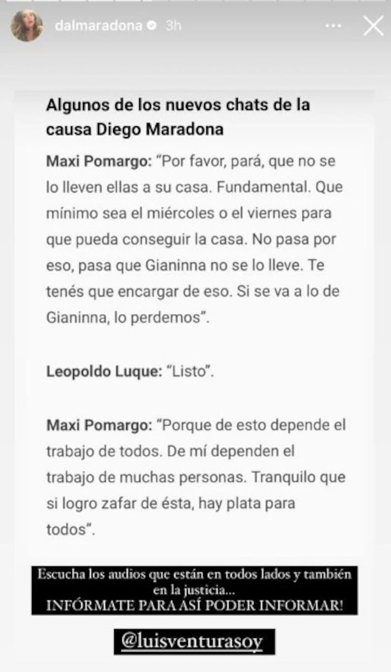 Dalma Maradona publicó transcripciones de chats que son pruebas en la causa por la muerte de su padre.