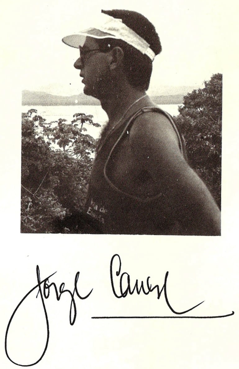 Foto y firma de Jorge Canese en la solapa de su libro de 1984 "Aháta Aju" (Asunción, Editorial Alcándara).