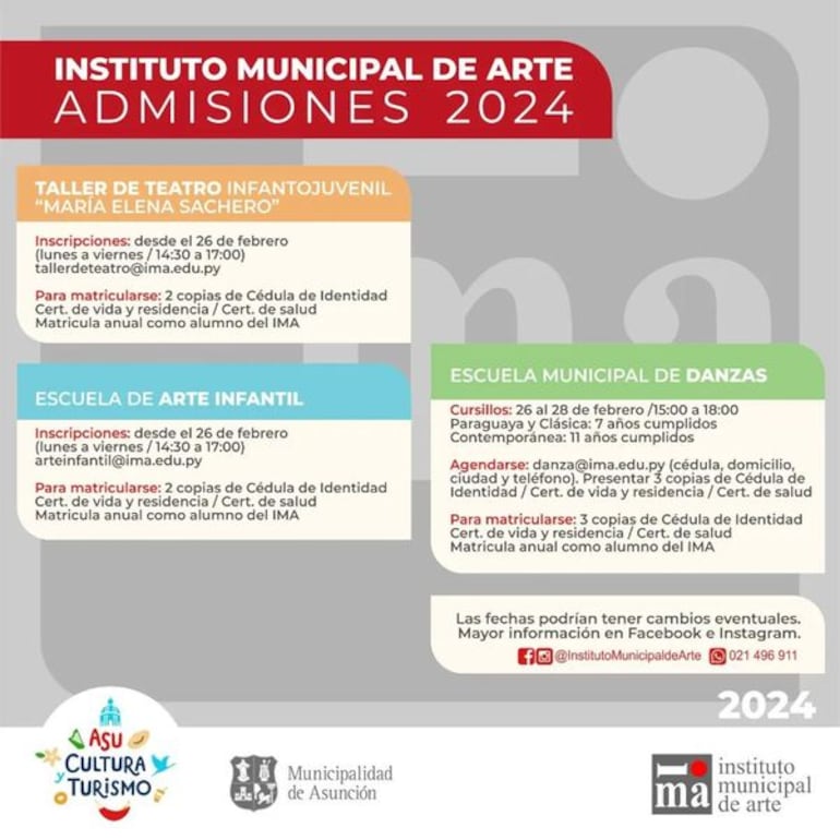 Instituto Municipal Arte Asunción admisiones 2024