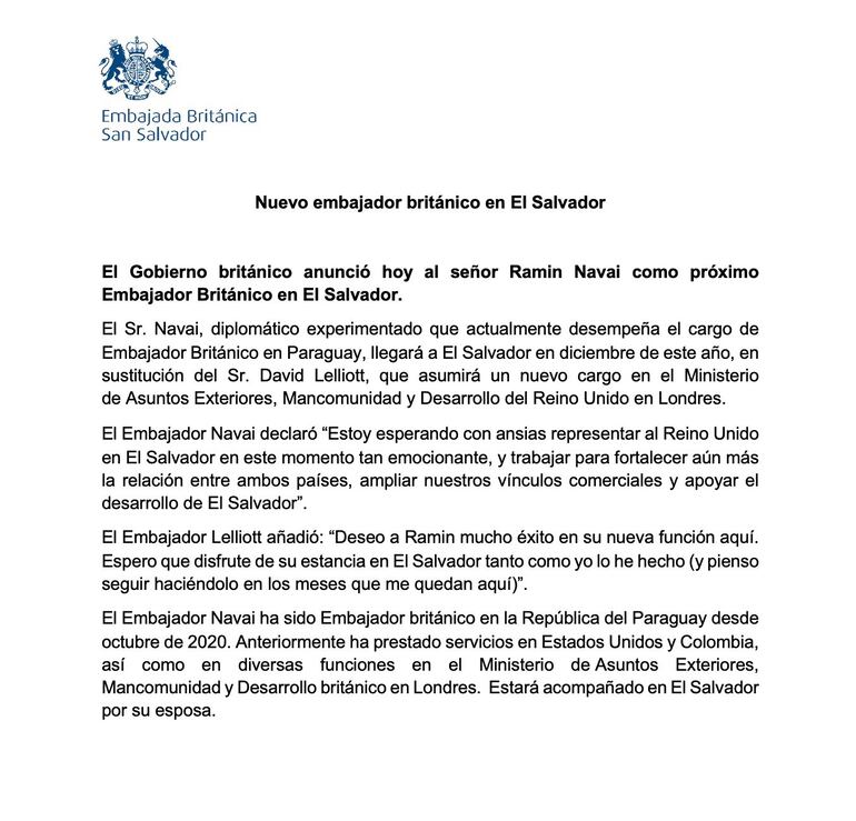 Anuncio de Embajada Británica en El Salvador en el que se confirma que llegará a la sede diplomática Ramin Navai. (Fuente: X).