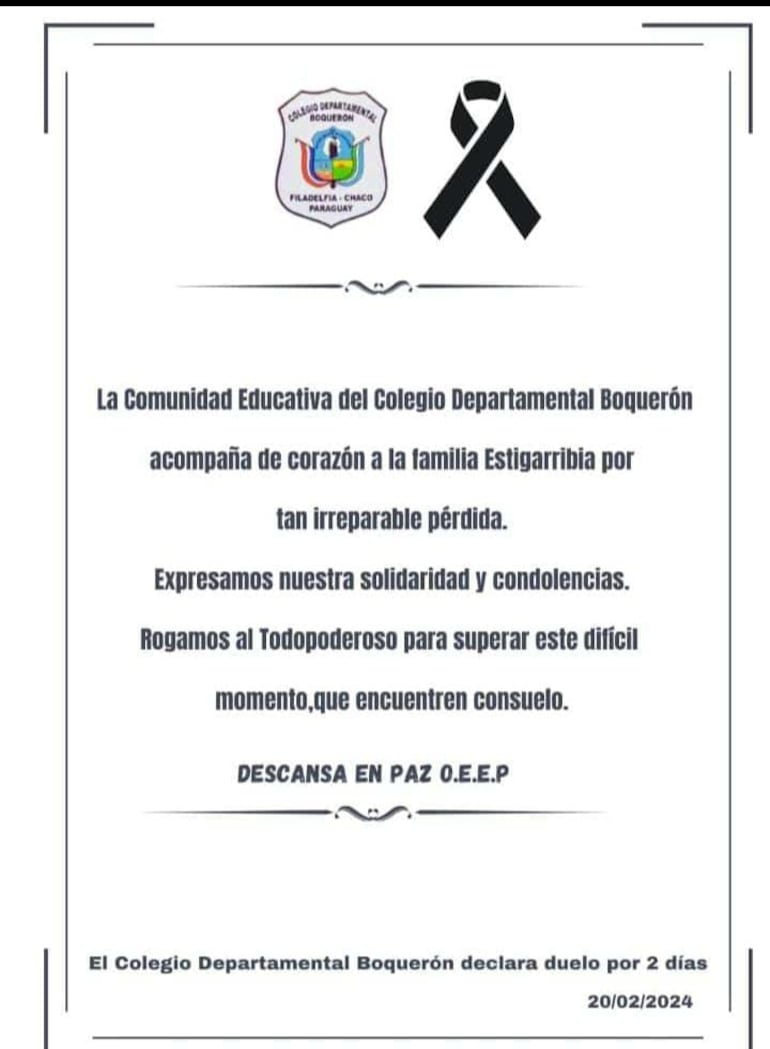 Comunicado del colegio Departamental Boquerón tras el asesinato del adolescente Oscar Efraín Estigarribia.