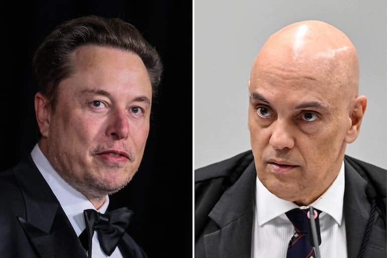 Esta combinación de imágenes muestra al empresario sudafricano Elon Musk y el juez Alexandre de Moraes.  El magnate Elon Musk, propietario de X (antes Twitter), dijo este viernes que la suspensión de la red social en Brasil ha sido ordenada por “un seudojuez no electo” que está “destrozando con fines políticos la libertad de expresión, pilar de la democracia”.