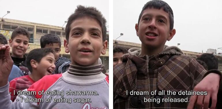 Sueños de niños: "Yo sueño con comer shawarma. Yo sueño con comer azúcar", "Yo sueño que todos los presos son puestos en libertad".
Del documental "Little Palestine; Diary of a Siege" (2021), dirigido por Abdallah Al Khatib.