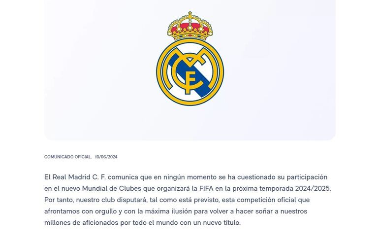 El comunicado del Real Madrid sobre la disputa del Mundial de Clubes 2025.