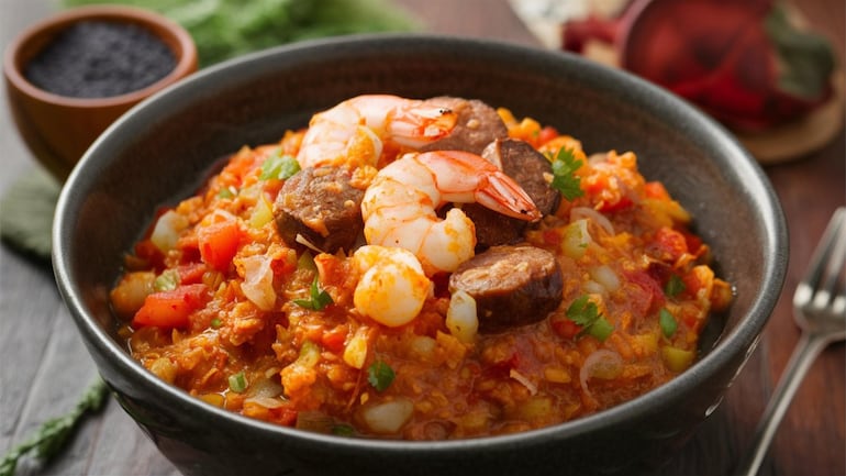 Jambalaya picante con salchichas y camarones.