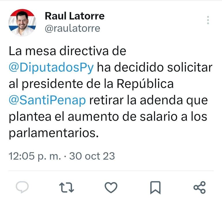 Tuit de Raúl Latorre anunciando el pedido de retiro de la adenda al presidente.