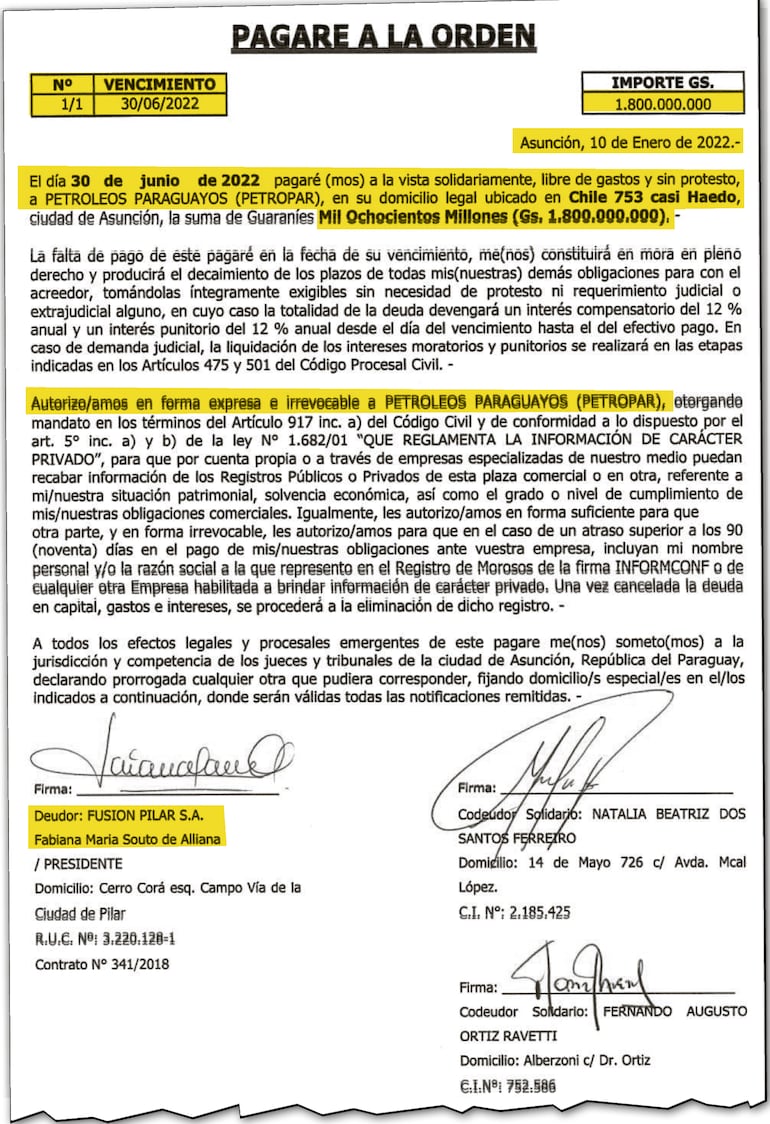 Pagaré de la empresa del político Pedro Alliana, para que su servicentro retire combustible de Petropar. 