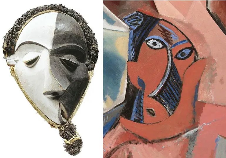 Izquierda: Máscara Mbanga, Bandundu, República Democrática del Congo / Derecha: detalle de Les Demoiselles d’Avignon, de Picasso.