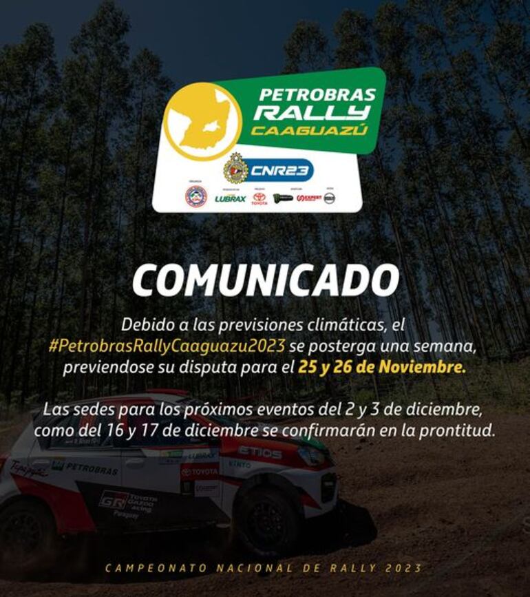 Comunicado de la nueva postergación del Rally de Caaguazú