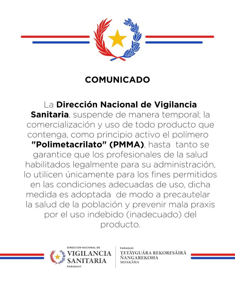 Comunicado de Dinavisa sobre el uso del PMMA.