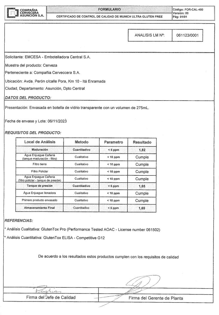 Certificado de control de calidad otorgado a Embotelladora Central S.A. (Emcesa).