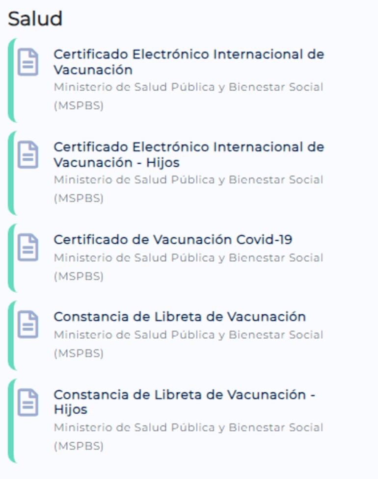 El carnet electrónico de vacunación, en el apartado de salud, en el Portal Paraguay.