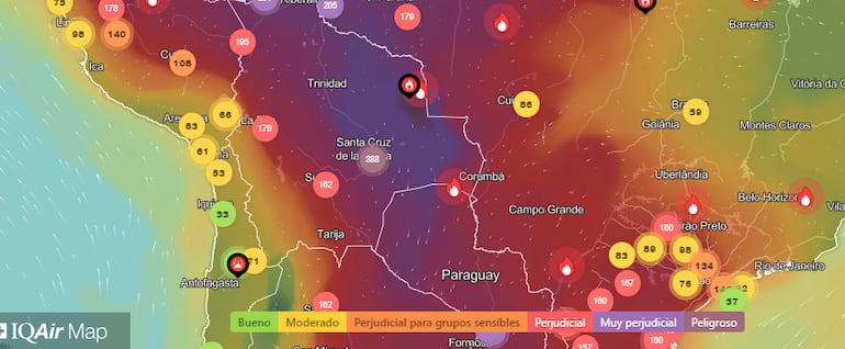 En las imágenes satelitales se observa que la calidad del aire está muy crítica, sobre todo, en el territorio boliviano.