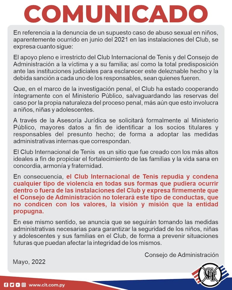 Comunicado del Club Internacional de Tenis (CIT).