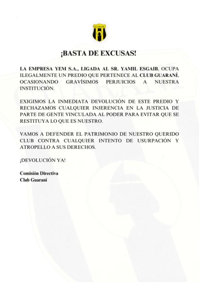 Comunicado de la Comisión Directiva de Guaraní.