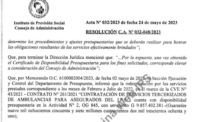 Resolución del Consejo de Administración del IPS que autoriza el millonario al Consorcio Gese I.