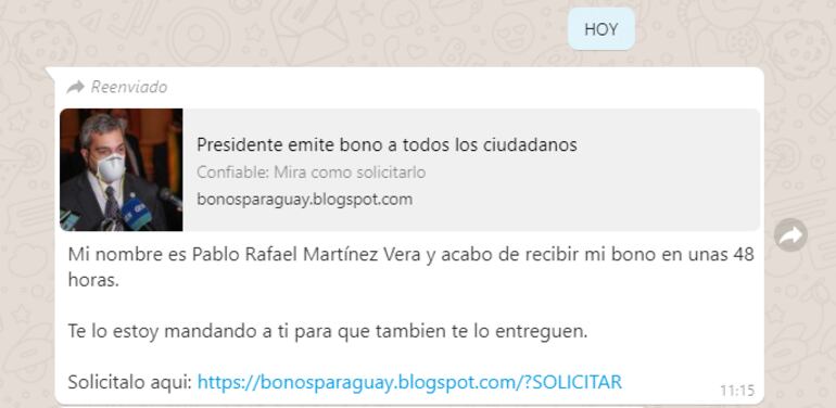 Uno de los ejemplos de mensajes que llegan al WhatsApp y en donde se pide hacer clic en una de las notas para poder acceder supuestamente al falso beneficio.