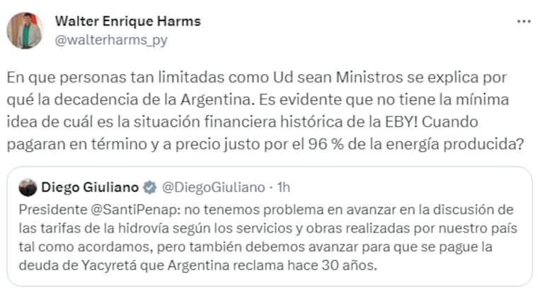 Escrito del ministro de Transporte argentino y la respuesta del diputado cartista Walter Harms.