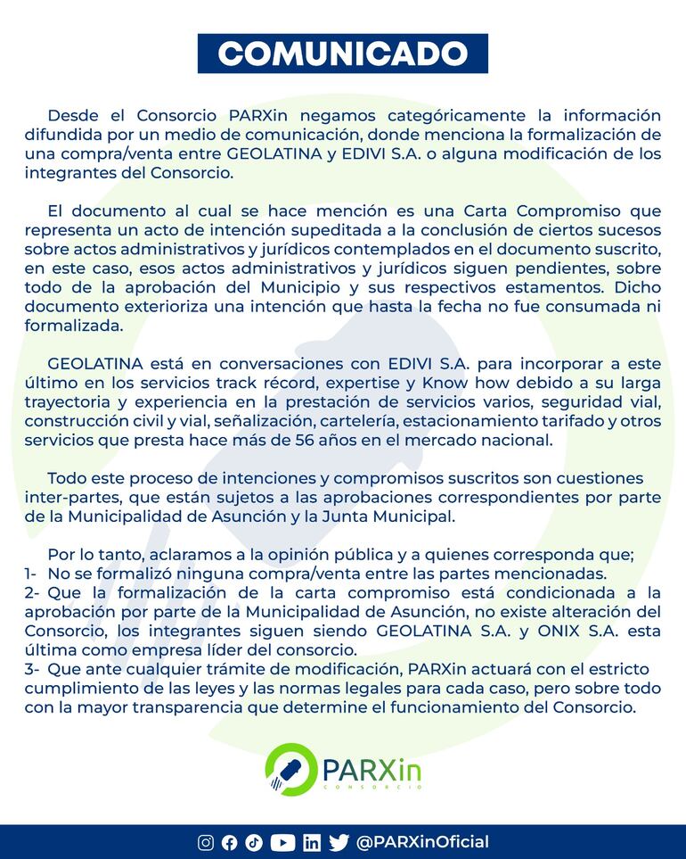 Comunicado de Parxin negando venta.