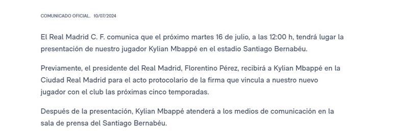 El comunicado del Real Madrid sobre la presentación oficial de Kylian Mbappé.